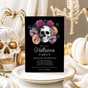 Invitation Crâne Floral Gothique Élégant Halloween