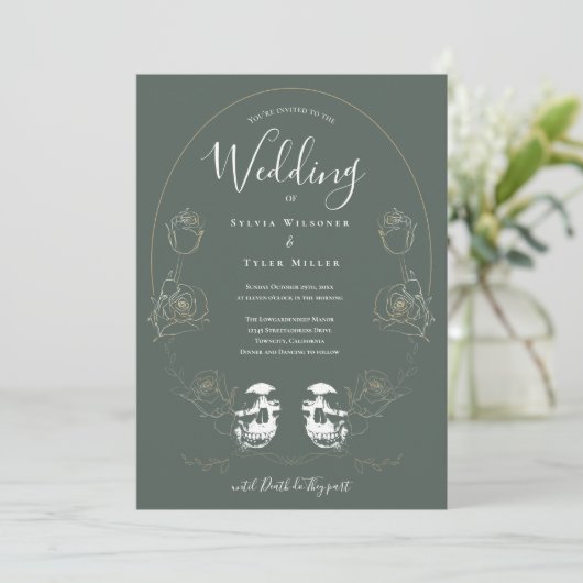 Invitation Crâne floral vert mariage gothique (Debout devant)