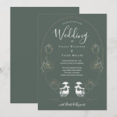Invitation Crâne floral vert mariage gothique (Devant / Derrière)