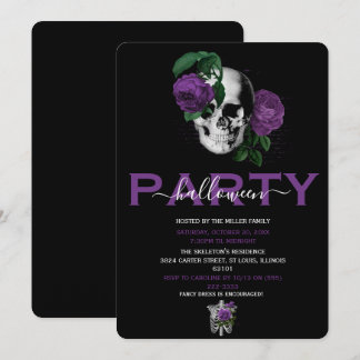 Invitation Crâne Floral Violet Élégant pour Soirée Halloween
