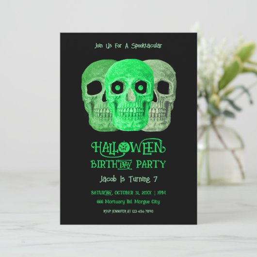 Invitation Crâne Funny Gothique Vert Noir Halloween Anniversa (Debout devant)