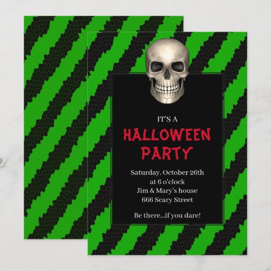 Invitation Crâne gothique à rayure verte pour soirée Hallowee (Devant / Derrière)