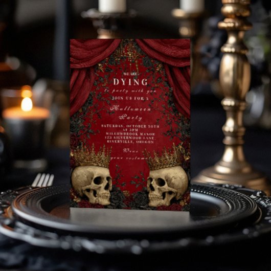 Invitation Crâne gothique et Rose noir Halloween Célébration