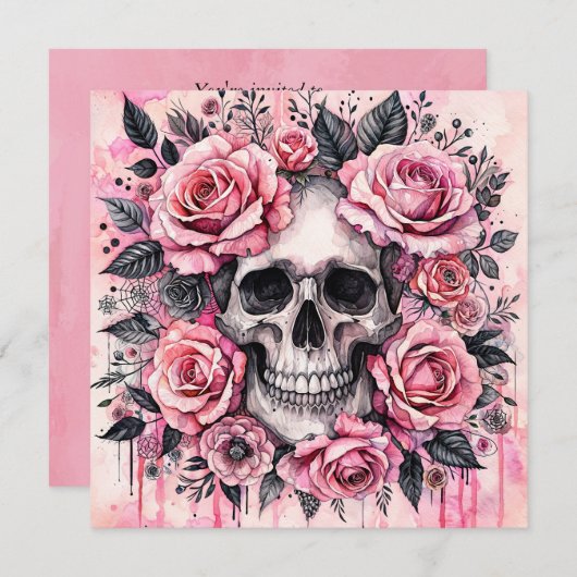 Invitation Crâne grimaçant et roses roses gothiques (Devant / Derrière)