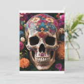 Invitation Crâne métallique Day of the Dead avec fleurs (Debout devant)