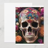 Invitation Crâne métallique de Jour des Morts avec des fleurs (Devant / Derrière)