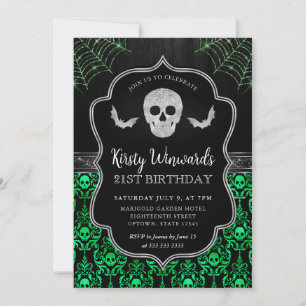 Invitation Crâne noir et vert et toiles d'araignées 21e anniv