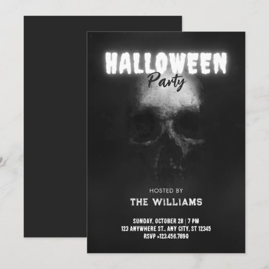 Invitation Crâne noir tête d'os halloween (Devant / Derrière)