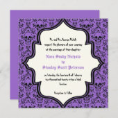 Invitation Crâne noir violet damassé mariage Halloween (Devant / Derrière)