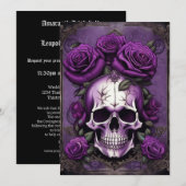 Invitation Crâne pourpre et Rose Mariage d'élégance gothique (Devant / Derrière)