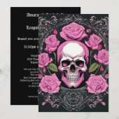 Invitation Crâne rose et Rose Mariage d'élégance gothique (Devant / Derrière)