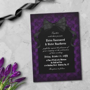 Invitation Crâne rouge Damas noir Bow Goth Mariage