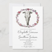 Invitation Crâne Rustique De Vache Et Mariage Floral Rose (Devant)