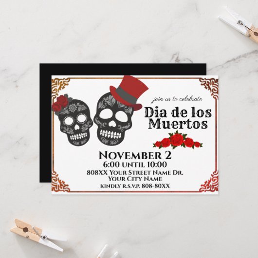 Invitation Crânes à sucre Couple Day of the Dead Party (Devant/Arrière en situation)