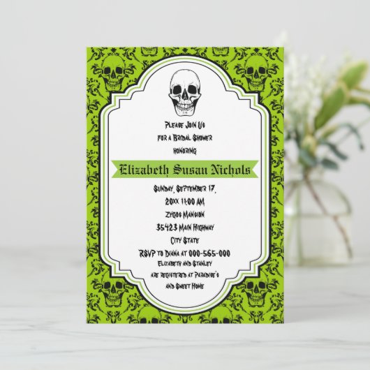Invitation Crânes damask vert, noir mariage douche nuptiale (Debout devant)