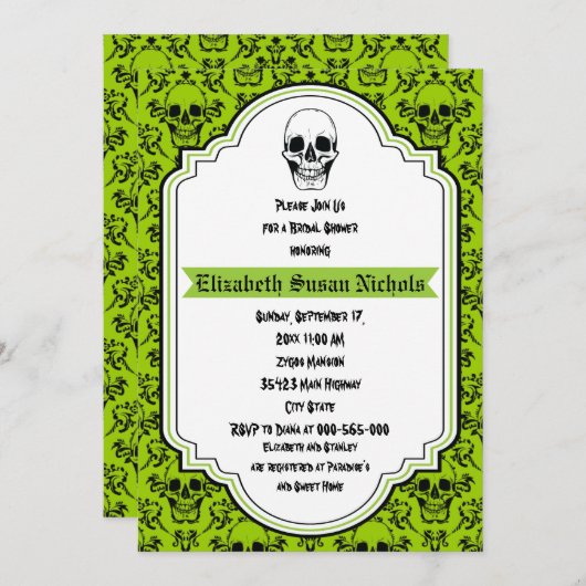 Invitation Crânes damask vert, noir mariage douche nuptiale (Devant / Derrière)