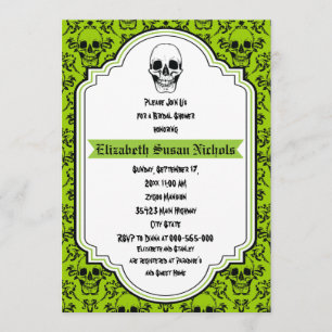 Invitation Crânes damask vert, noir mariage douche nuptiale