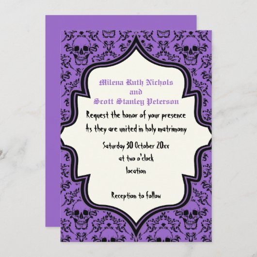 Invitation Crânes damassé violet noir mariage Halloween (Devant / Derrière)
