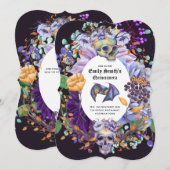 Invitation Crânes de Quinceanera vintage gothique violet (Devant / Derrière)