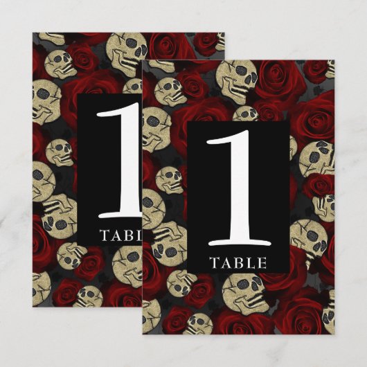Invitation Crânes de Roses Rouges Fleurs Noires Numéro de Tab (Devant / Derrière)