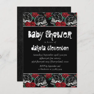 Invitation Crânes et roses rouges   Baby shower gothique mode