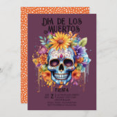 Invitation Crânes Fleurs Indigo Dia de los Muertos (Devant / Derrière)