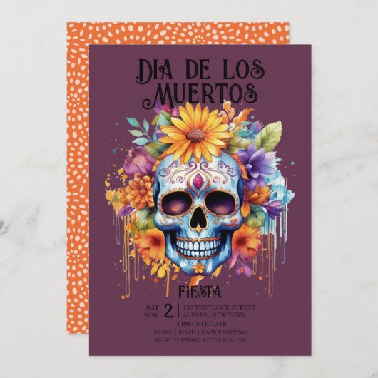 Invitation Crânes Fleurs Indigo Dia de los Muertos (Devant / Derrière)