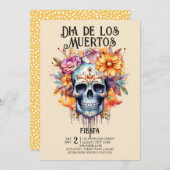 Invitation Crânes Fleurs Pink Dia de los Muertos (Devant / Derrière)