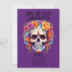 Invitation Crânes Fleurs pourpre Dia de los Muertos Parti