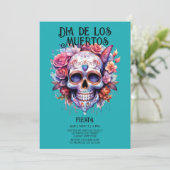 Invitation Crânes Fleurs Turquoise Dia de los Muertos (Debout devant)