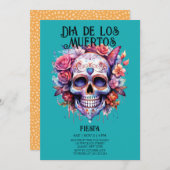 Invitation Crânes Fleurs Turquoise Dia de los Muertos (Devant / Derrière)