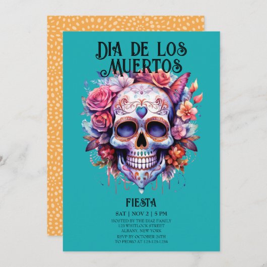 Invitation Crânes Fleurs Turquoise Dia de los Muertos (Devant / Derrière)