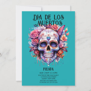 Invitation Crânes Fleurs Turquoise Dia de los Muertos