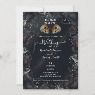 Invitation Crânes gothiques et roses noires Mariage d'Hallowe