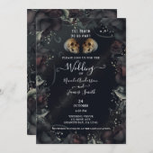 Invitation Crânes gothiques et Roses noirs Mariage d'Hallowee (Devant / Derrière)