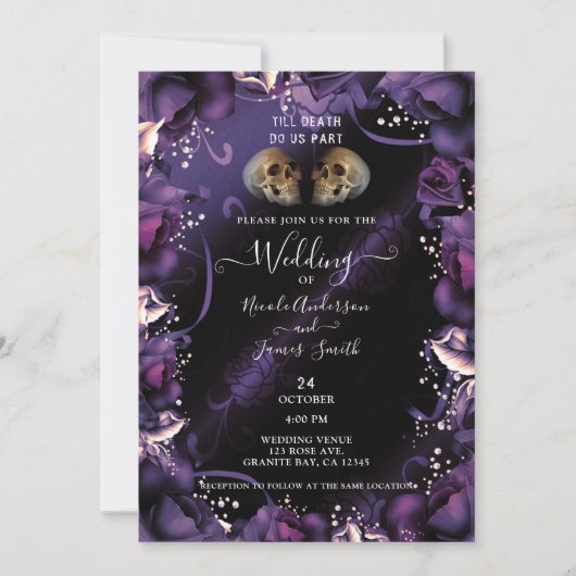 Invitation Crânes gothiques et Roses violets Mariage d'Hallow (Devant)