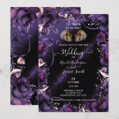 Invitation Crânes gothiques et roses violettes Mariage d'Hall (Devant / Derrière)