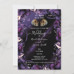 Invitation Crânes gothiques et roses violettes Mariage d'Hall