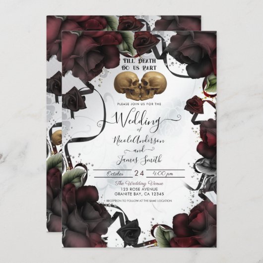 Invitation Crânes gothiques Roses rouges Roses blanches Hallo (Devant / Derrière)