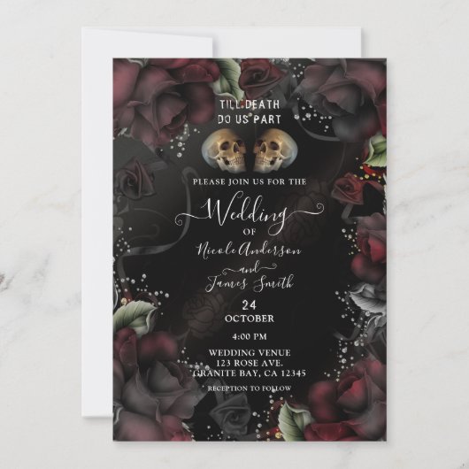 Invitation Crânes gothiques Rouge Noir Rose Mariage d'Hallowe (Devant)