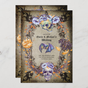 Invitation Crânes gothiques vintages Fleurs orange violet Got