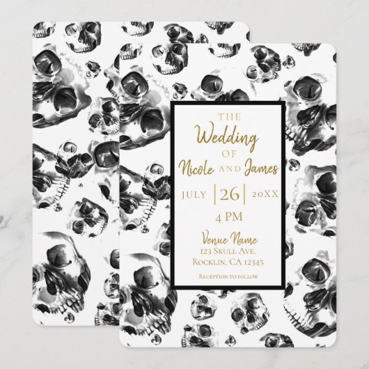 Invitation Crânes Noir & Blanc Squelette Crâne Mariage (Devant / Derrière)