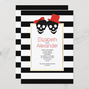 Invitation Crânes noir, rayures blanches Halloween mariage ro