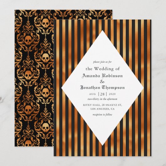 Invitation Crânes noirs et cuivres Mariage gothique (Devant / Derrière)