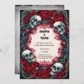Invitation Crânes Rose de dentelle d'or Mariage gothique (Devant / Derrière)
