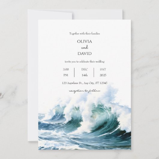 Invitation Crashing Ocean Sea Waves Contexte Plage Mariage (Devant)