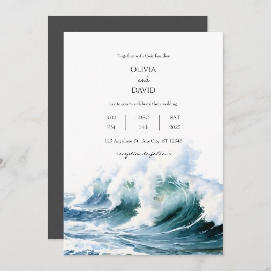 Invitation Crashing Ocean Sea Waves Contexte Plage Mariage (Devant / Derrière)