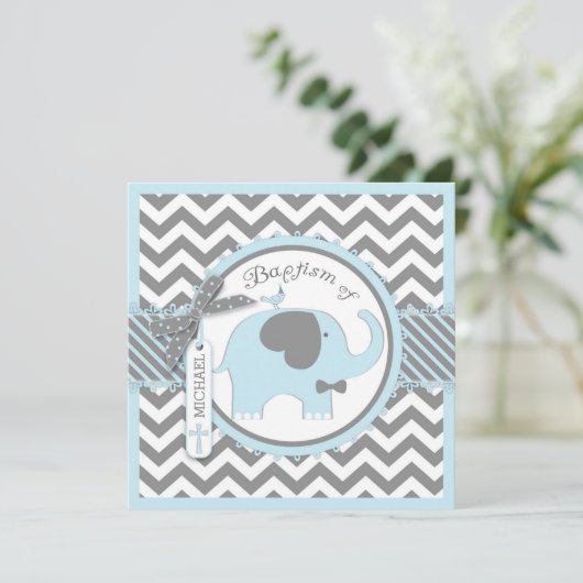 Invitation Cravate Bleu Elephant Bow Chevron Imprimer Baptême (Debout devant)