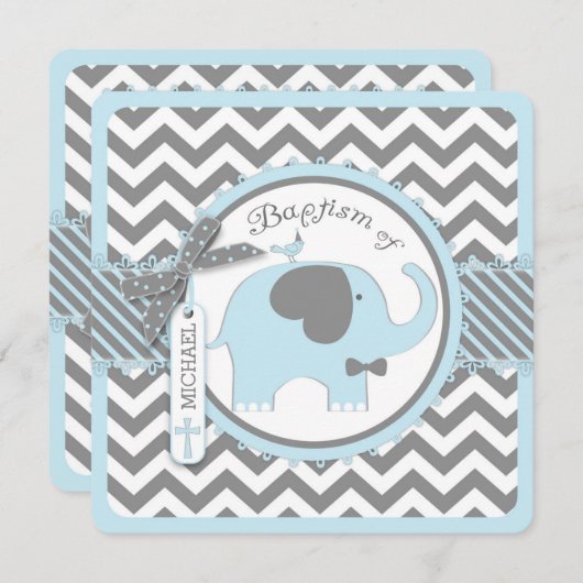 Invitation Cravate Bleu Elephant Bow Chevron Imprimer Baptême (Devant / Derrière)