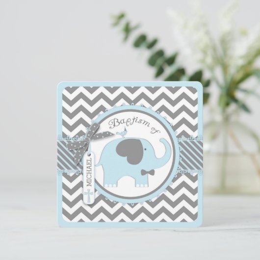Invitation Cravate Bleu Elephant Bow Chevron Imprimer Baptême (Debout devant)